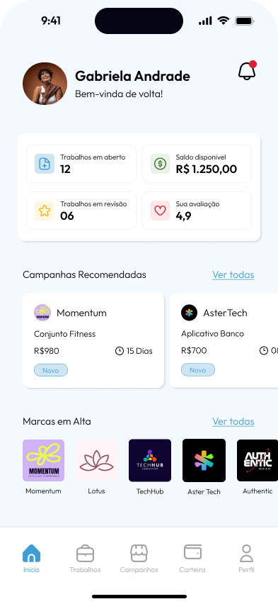 Tela inicial do app de UGC da Simmark com campanhas em destaque