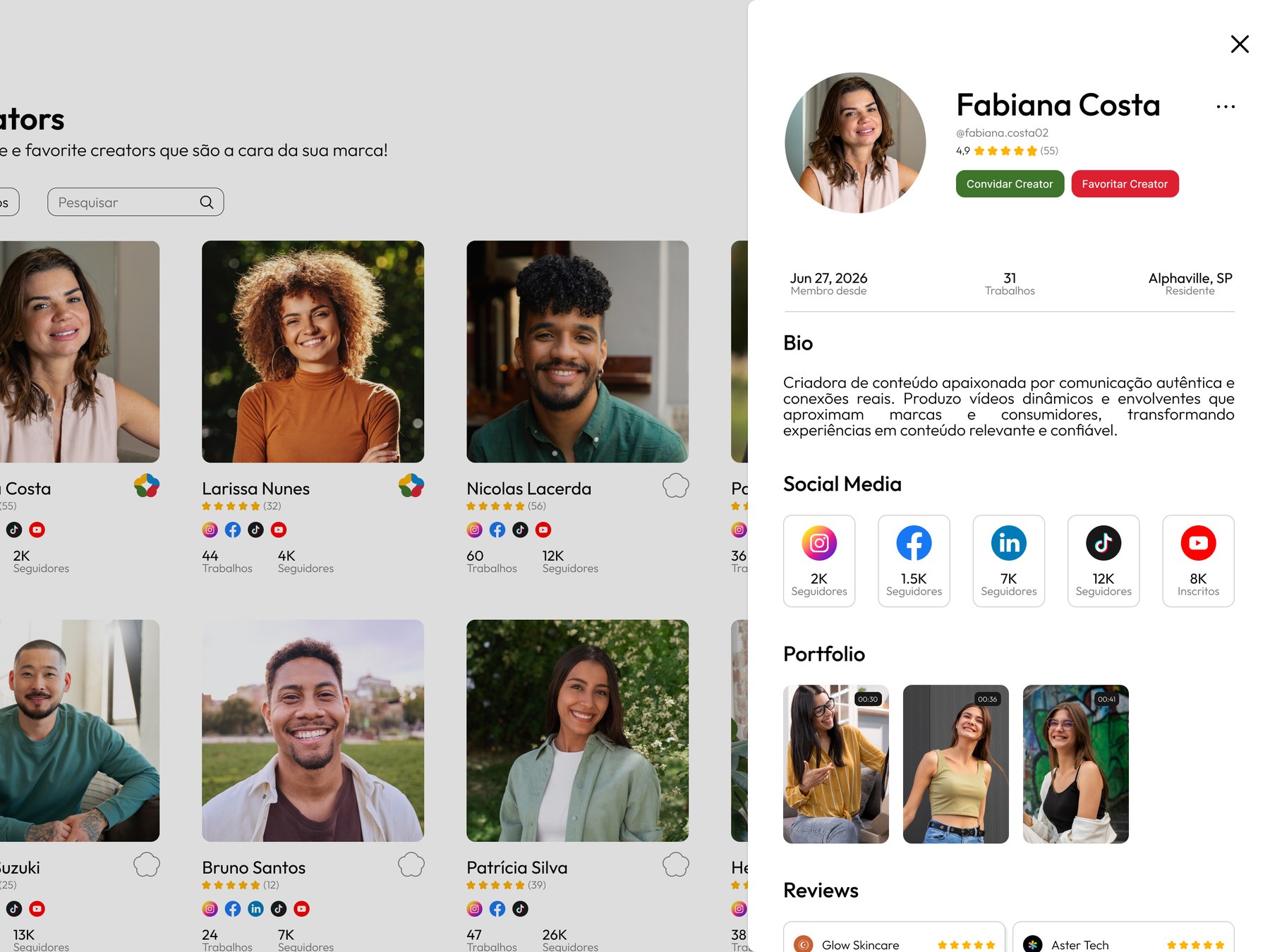 Tela da Simmark mostrando a lista de creators e o perfil de uma delas aberto, com nota, número de trabalhos, portfólio em vídeo e avaliações feitas por marcas.