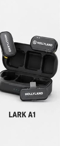 Hollyland Lark A1 com dois transmissores em formato de pílula, estojo de carga preto e receptor USB-C