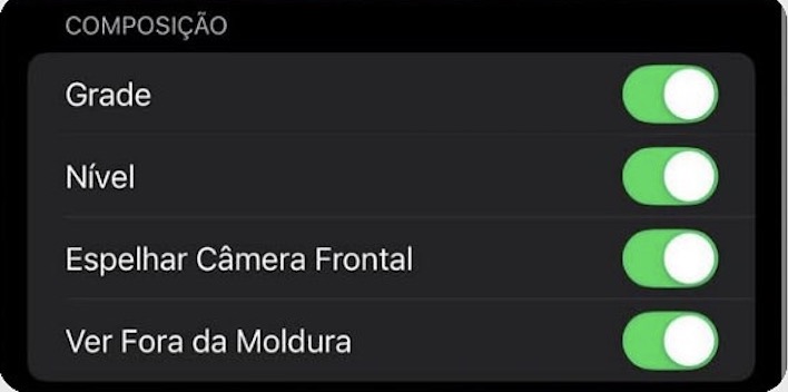 Tela de Composição do iPhone com as opções Grade e Nível ativadas