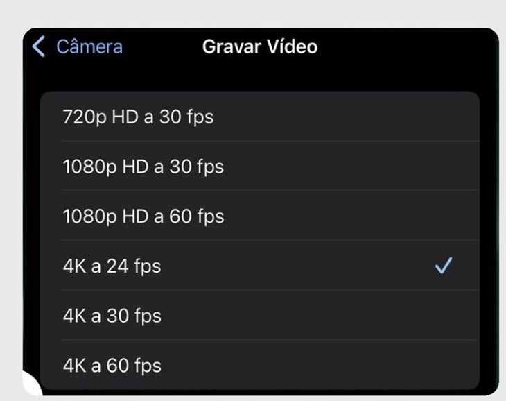 Tela de Gravar Vídeo do iPhone mostrando a opção 4K a 30 fps selecionada