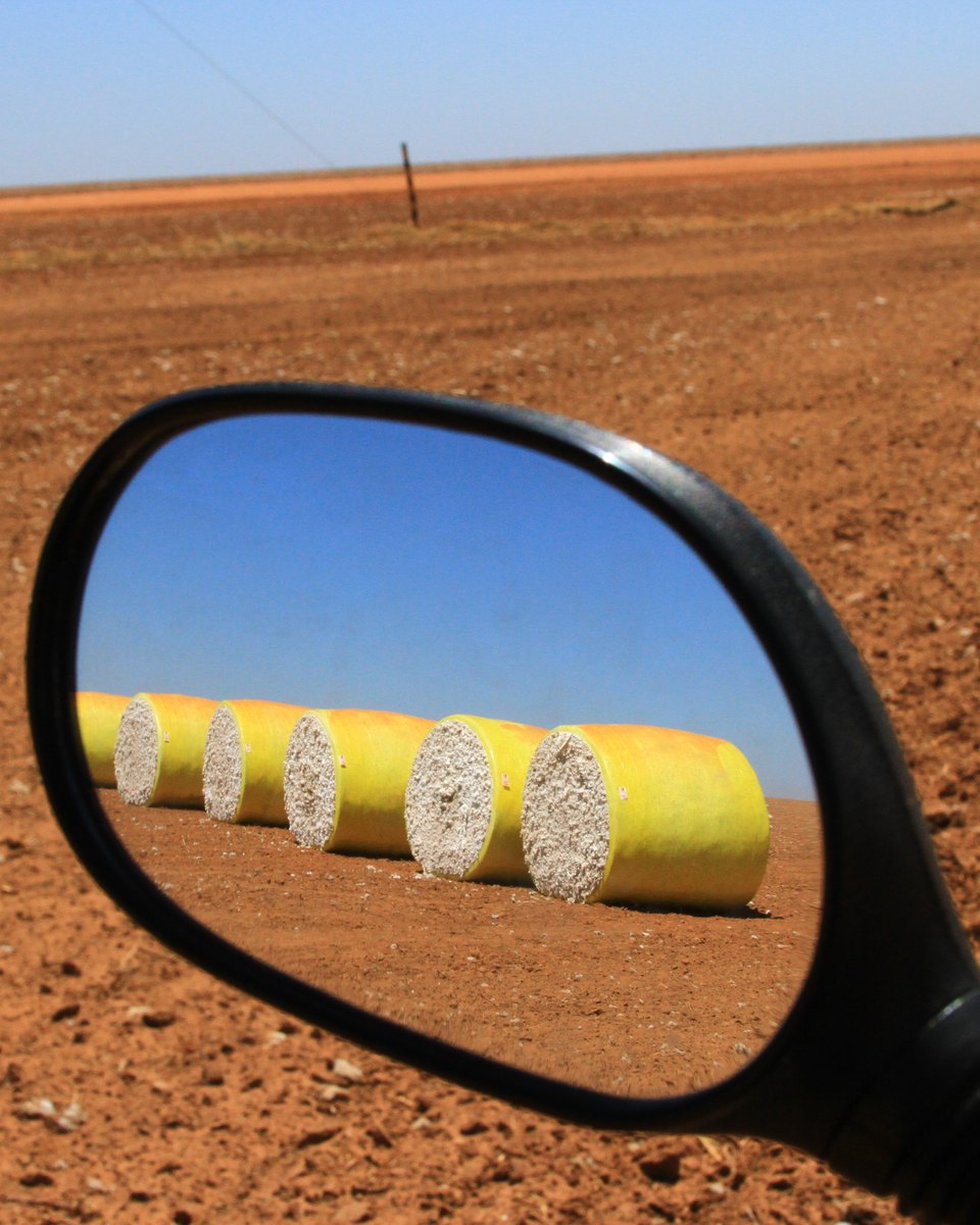 Fardos de algodão recém-colhido, embalados em plástico amarelo, refletidos no retrovisor de uma moto parada numa lavoura de terra vermelha e plana no Oeste da Bahia, sob céu azul.