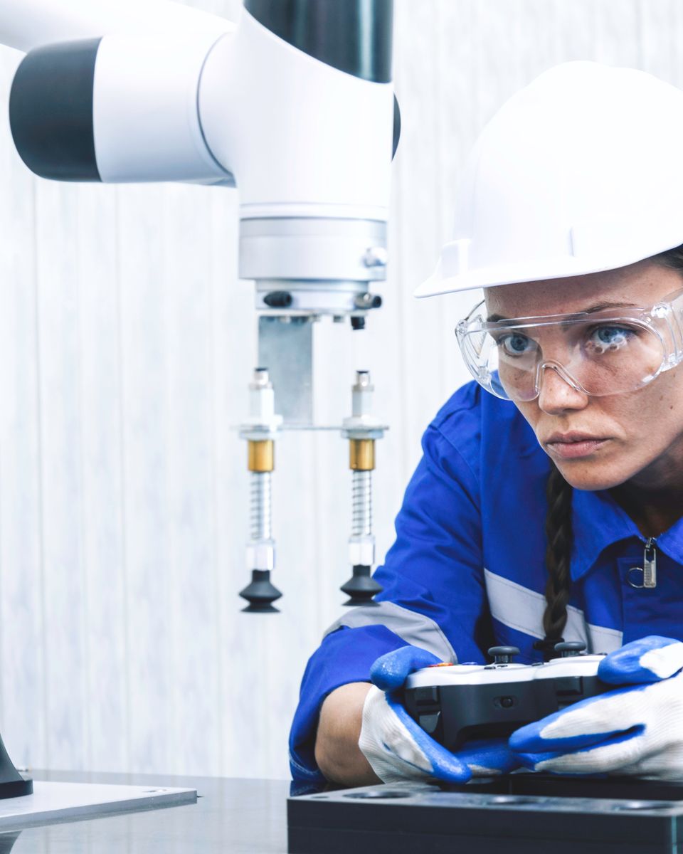 Estudante de capacete branco, óculos de proteção e uniforme azul inspecionando com atenção a garra de um braço robótico colaborativo numa oficina de automação.