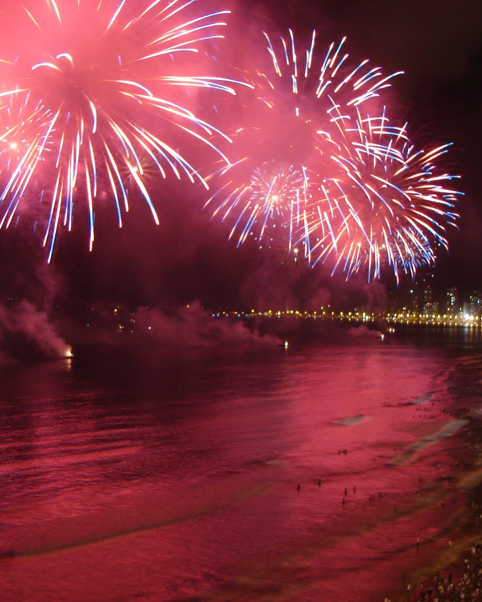 Fogos de artifício cor-de-rosa sobre o mar da Praia Central de Balneário Camboriú à noite, com a areia tomada pelo público e os prédios iluminados da orla à direita.