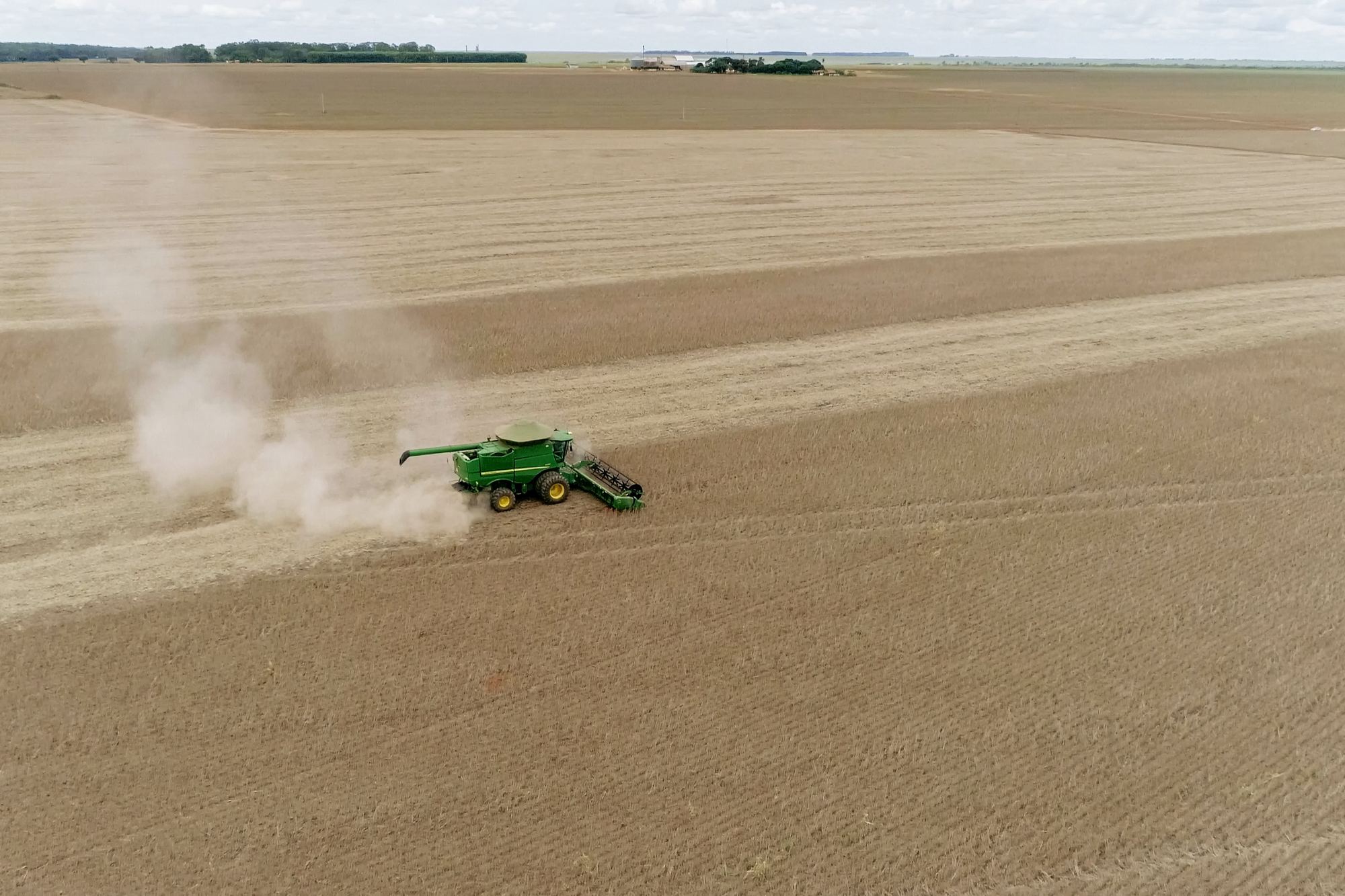 Vista aérea de uma colheitadeira verde levantando poeira ao colher soja numa lavoura plana a perder de vista, numa fazenda em Mato Grosso.