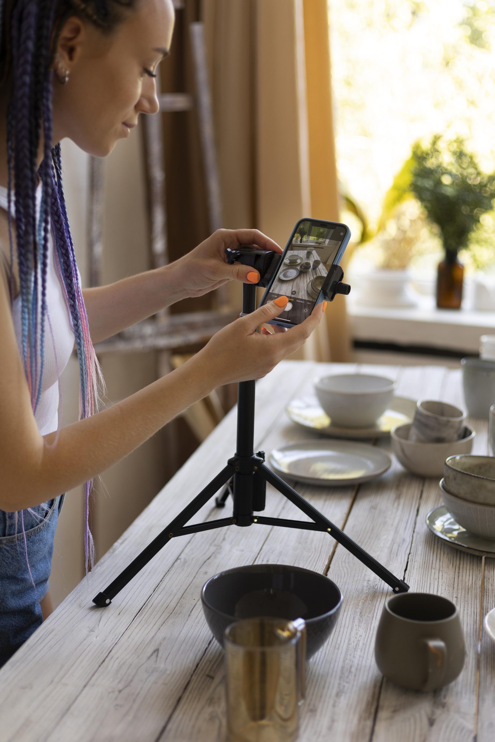 Creator fotografando louças do seu negócio para o e-commerce.