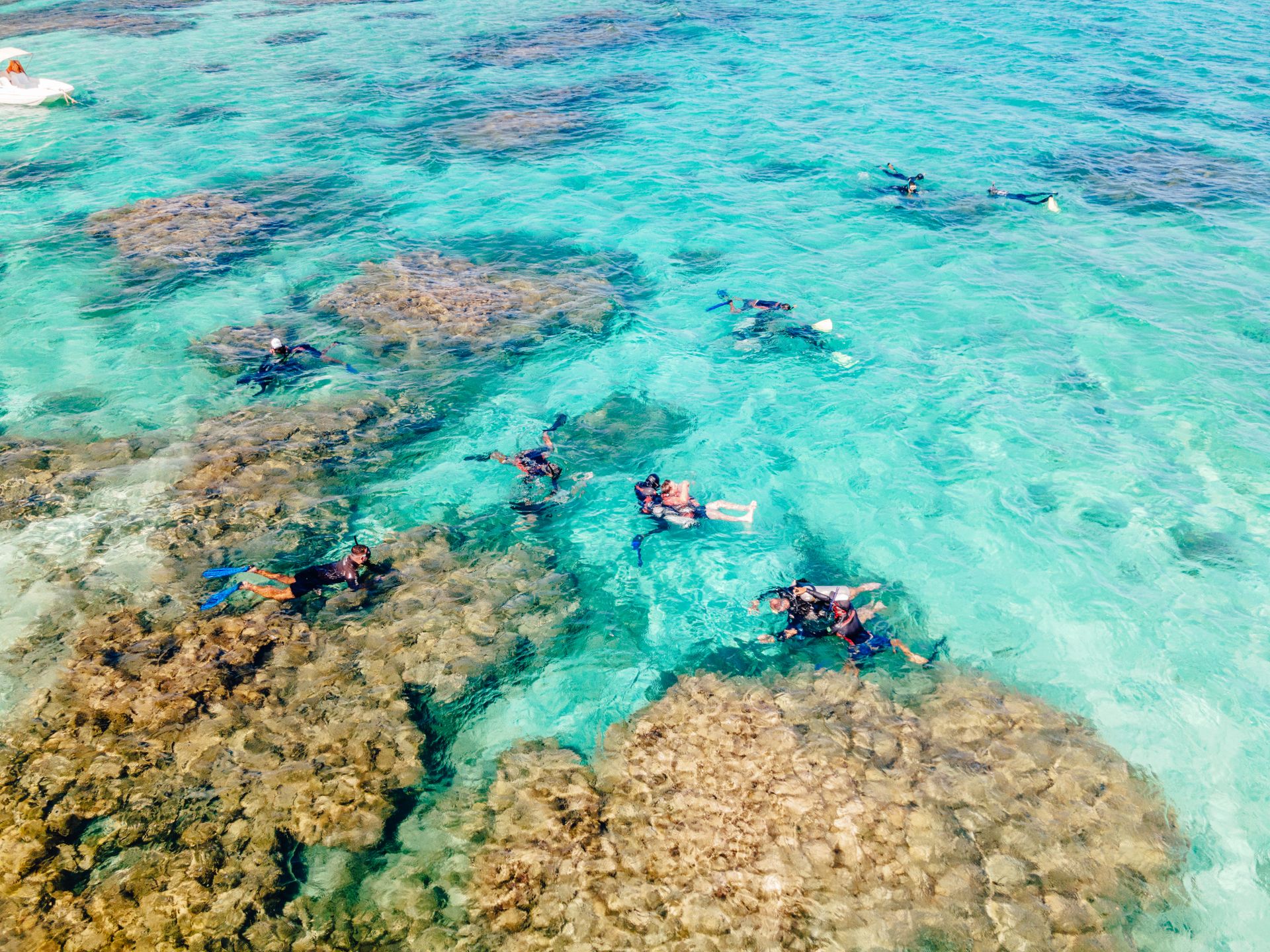 Vista aérea de banhistas fazendo snorkel nas piscinas naturais e águas cristalinas de Maragogi