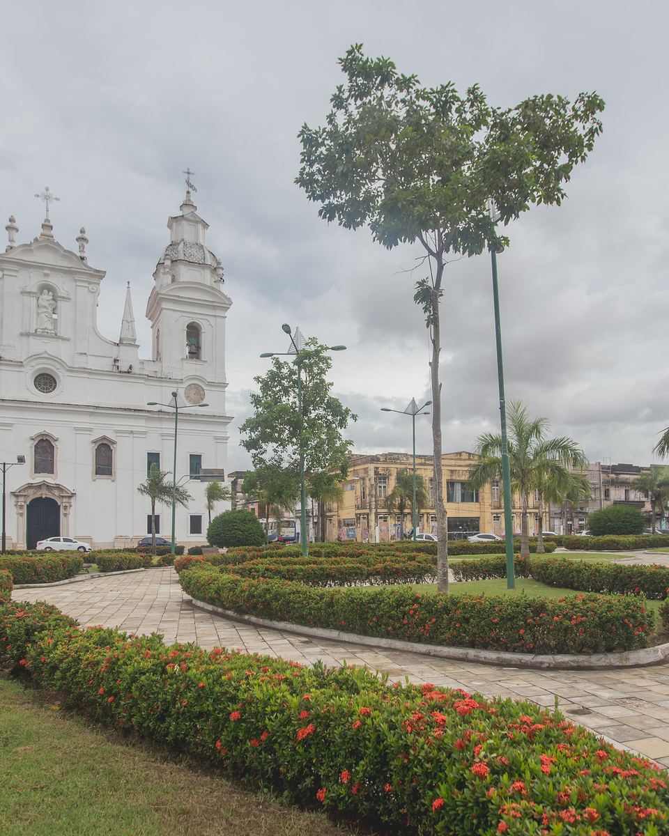 Fachada branca da Catedral da Sé vista da praça arborizada da Cidade Velha, em Belém, com canteiro de flores vermelhas em primeiro plano.