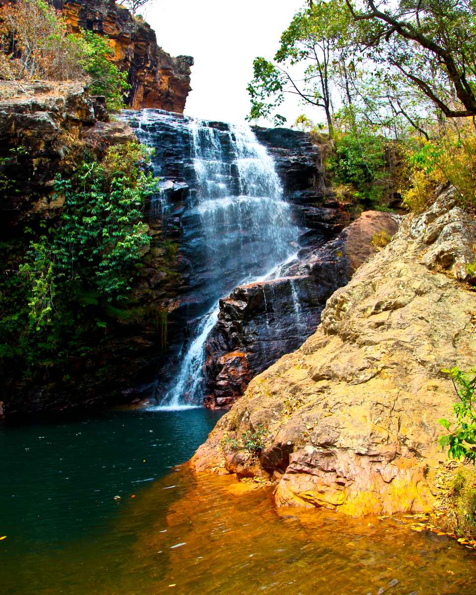 Cachoeira caindo de um paredão de pedra no meio da mata do cerrado e formando um poço de água cor de chá, na Chapada Imperial.