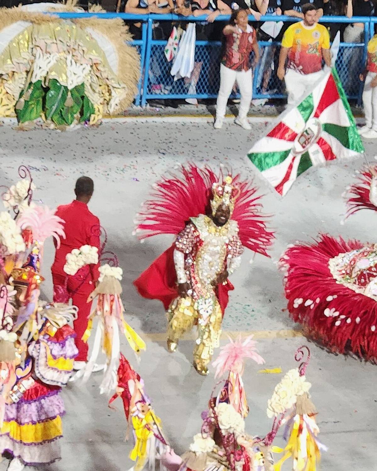 Mestre-sala de dourado e vermelho e porta-bandeira de saia de plumas vermelhas girando com a bandeira verde, vermelha e branca da Grande Rio na pista do Sambódromo, com componentes fantasiados ao lado e o público na grade.