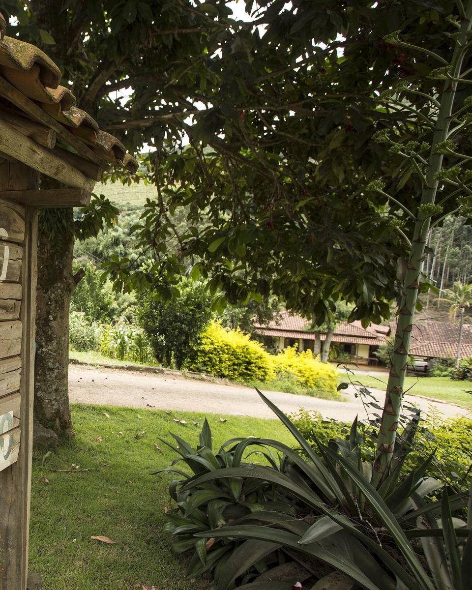 Entrada de uma propriedade de agroturismo em Venda Nova do Imigrante, com gramado, arbustos floridos e a estrada de terra que leva à sede da fazenda entre as montanhas.