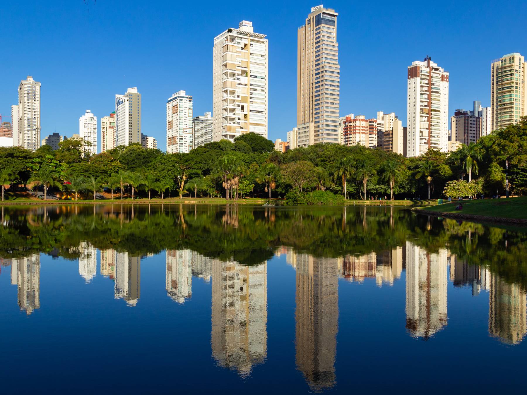 Lago do Parque Vaca Brava, em Goiânia, com os prédios altos e as árvores refletidos na água parada sob o céu azul.