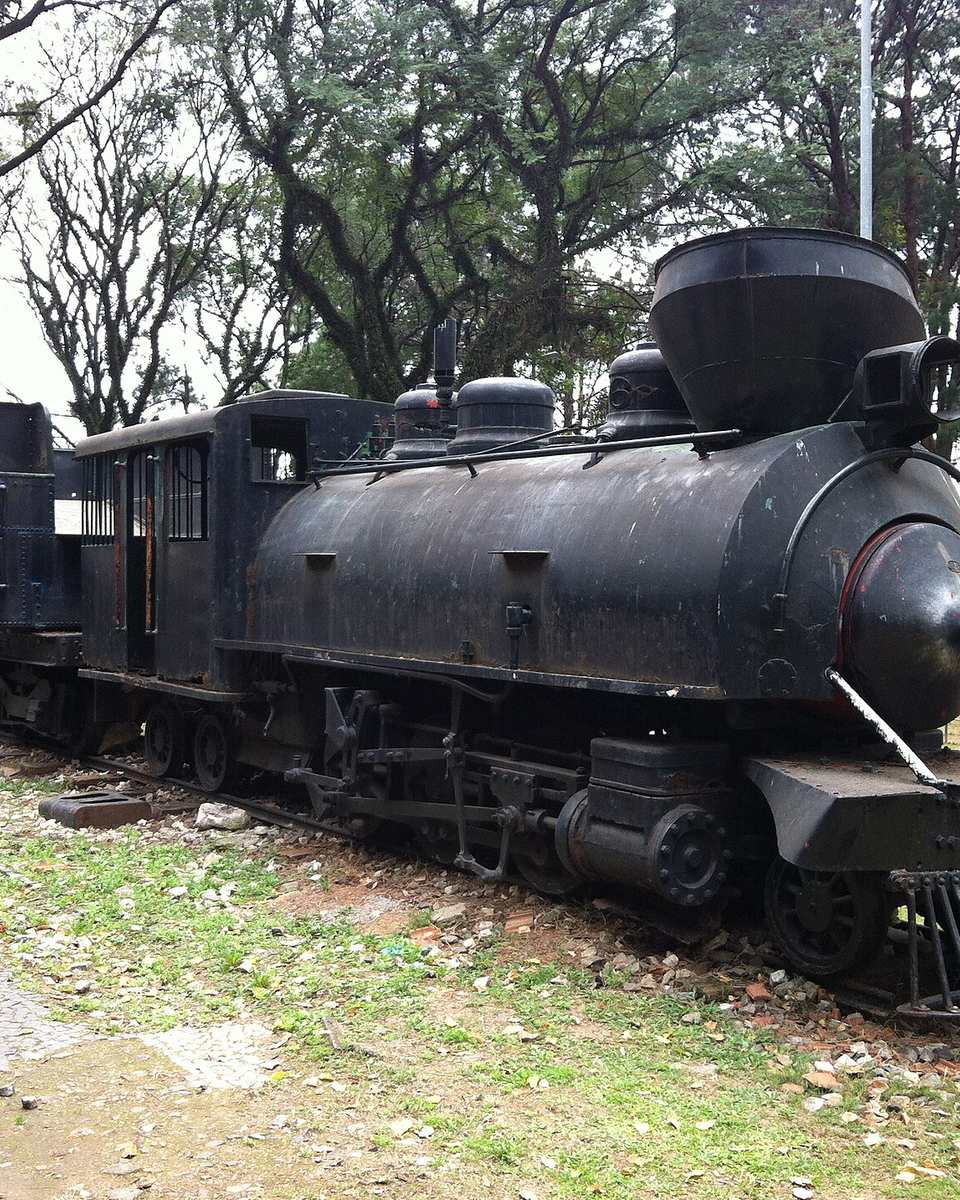 Locomotiva preta antiga, a Dona Joaninha, exposta entre árvores na Praça IV Centenário, em Guarulhos.