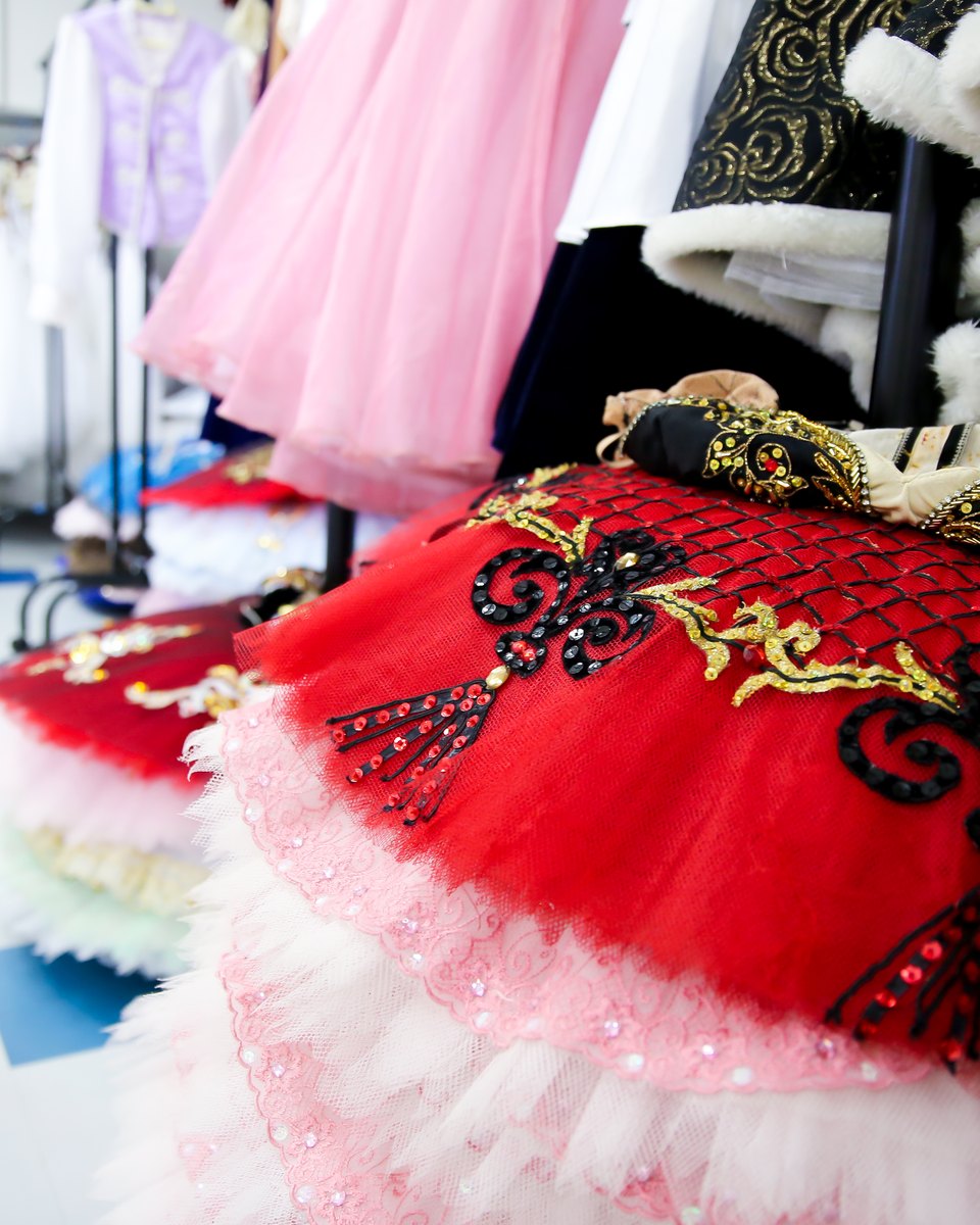 Figurinos de balé pendurados em araras no acervo da Escola do Teatro Bolshoi no Brasil, em Joinville, com um tutu vermelho bordado em primeiro plano e saias brancas e rosa ao fundo.