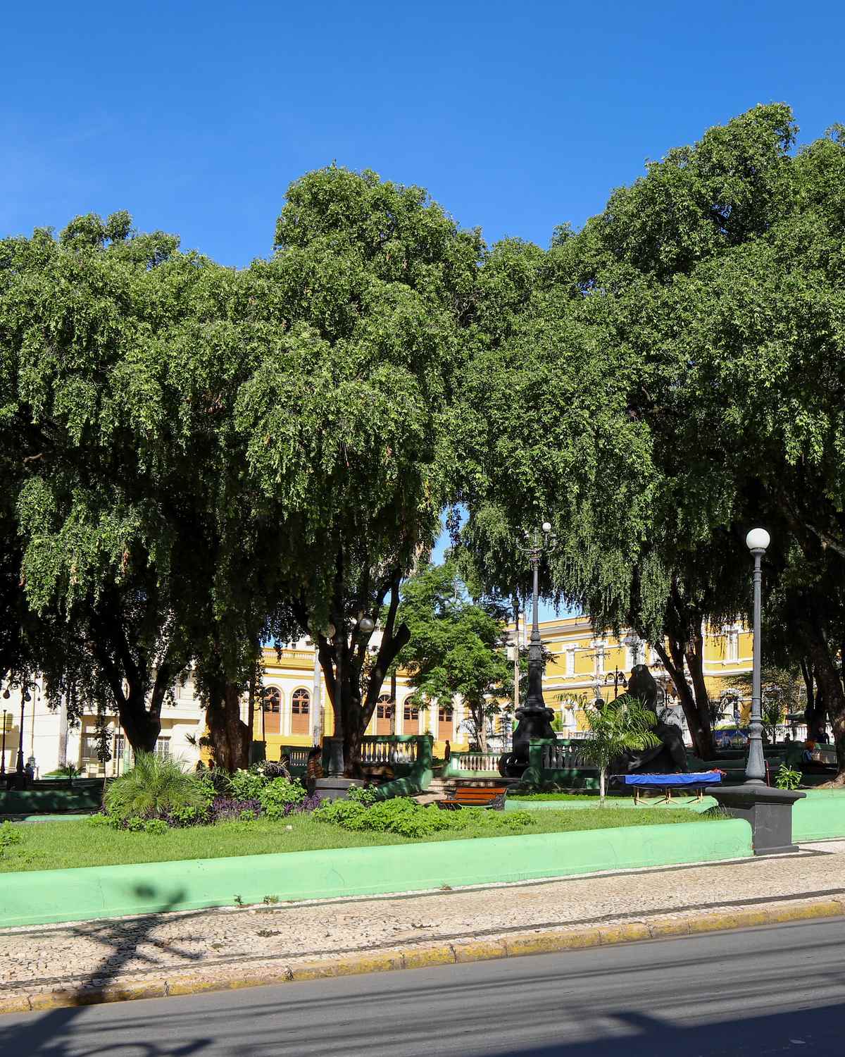 Praça da República, no centro de Cuiabá, com árvores grandes, bancos, pessoas sentadas na sombra e o casarão amarelo do Palácio da Instrução ao fundo.