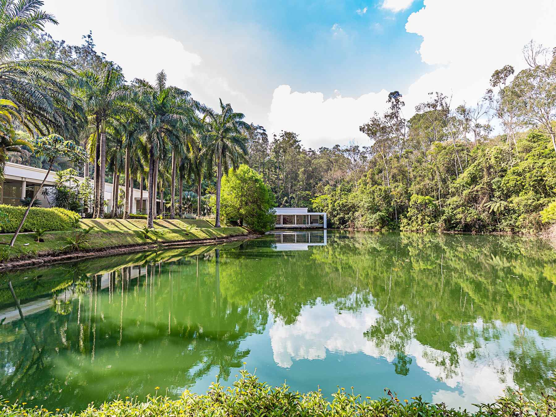 Lago do Inhotim refletindo as palmeiras, a mata e as nuvens, com um pavilhão de vidro na margem, em Brumadinho.