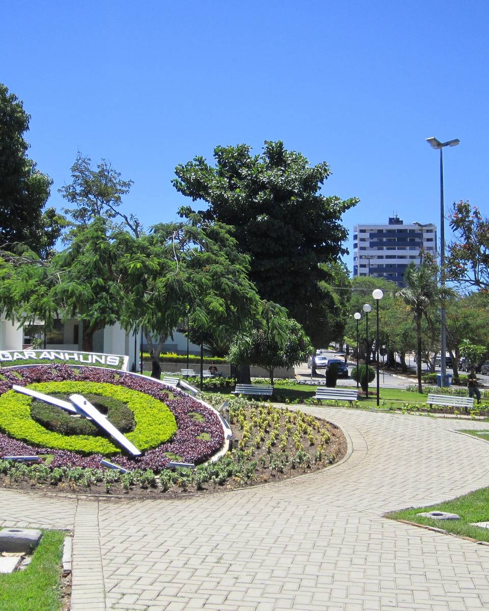 Relógio de flores de Garanhuns, um grande relógio montado com canteiros de flores roxas e grama numa praça, com árvores, postes e prédios ao fundo sob céu azul.