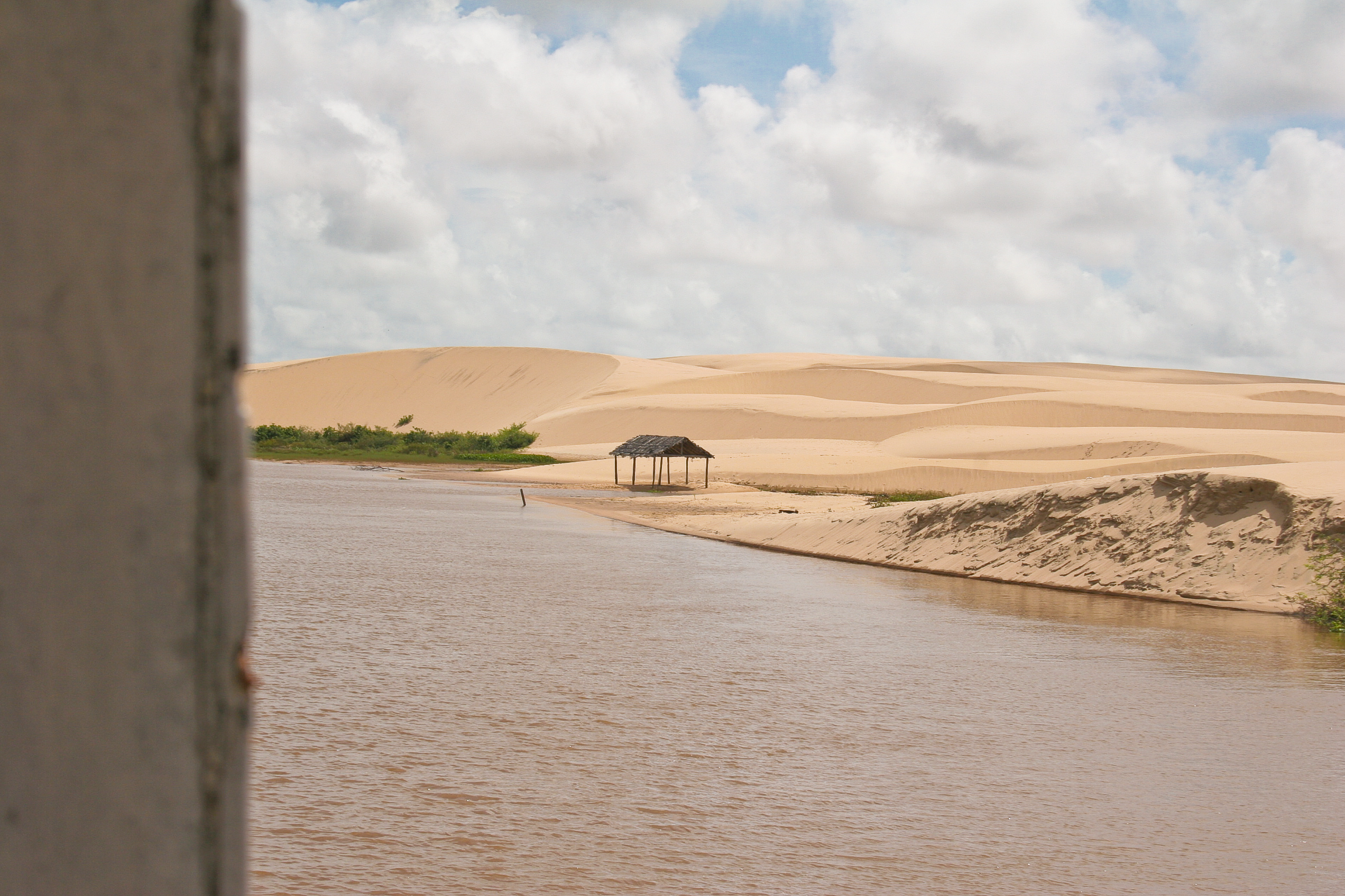 Barco navegando entre as ilhas fluviais do Delta do Parnaíba, com vegetação de manguezal nas margens
