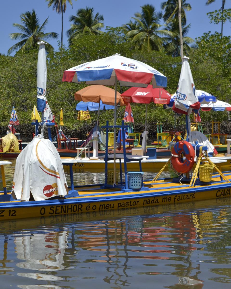 Jangada de passeio com guarda-sóis coloridos parada no rio Maracaípe, perto do Pontal, com o manguezal e os coqueiros ao fundo e outras jangadas na margem.