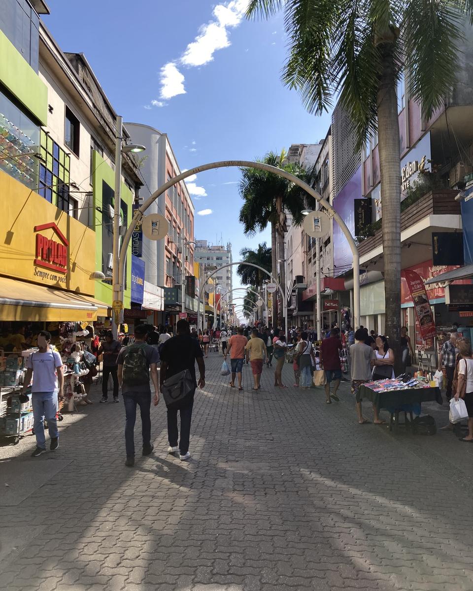 Pessoas caminhando e fazendo compras no calçadão comercial de Nova Iguaçu, com lojas dos dois lados, palmeiras, arcos de metal sobre a rua e um vendedor ambulante com carrinho, num dia de sol.