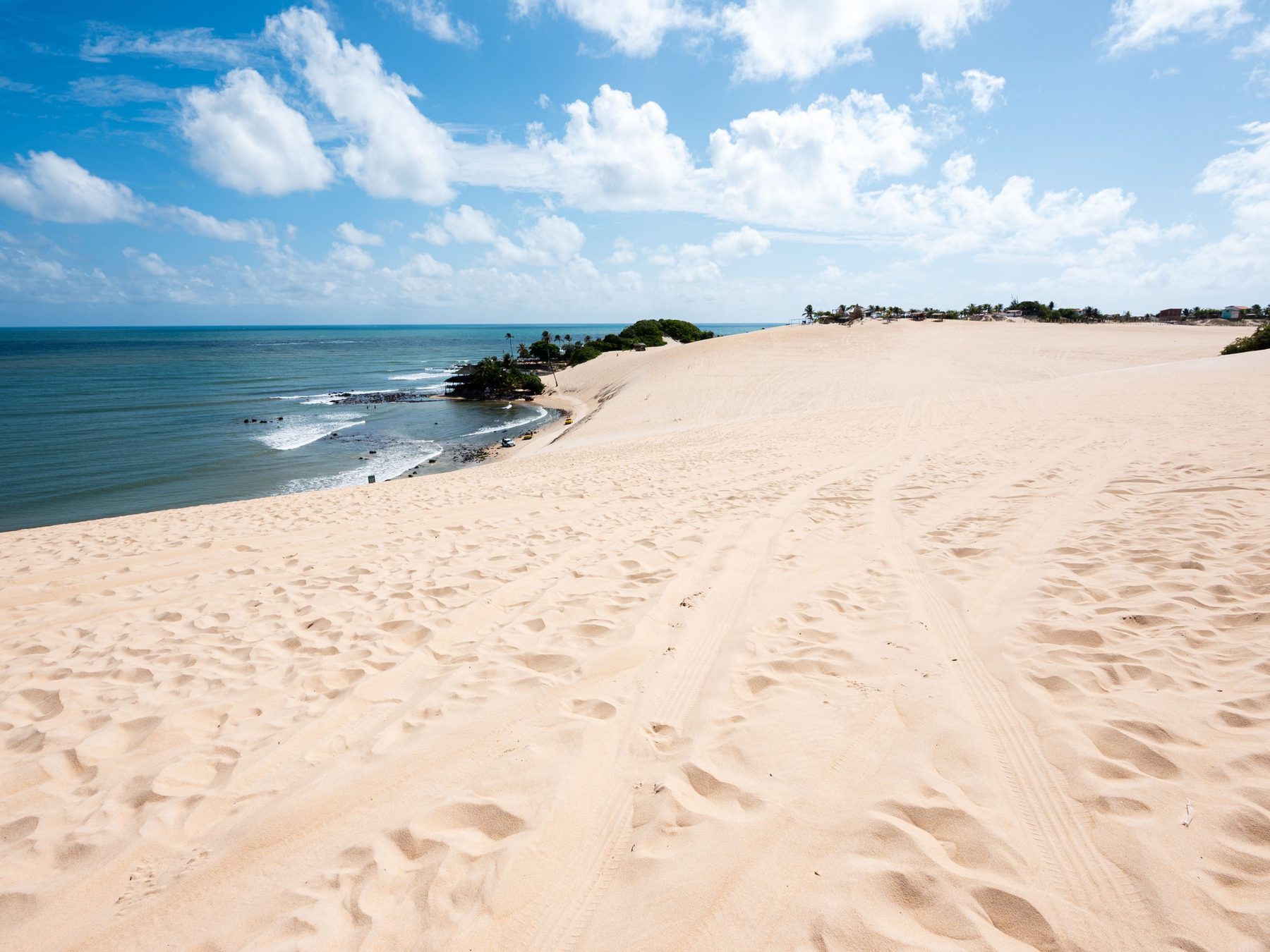 Duna de areia clara descendo até o mar nas dunas de Genipabu, com marcas de buggy na areia e coqueiros ao longe