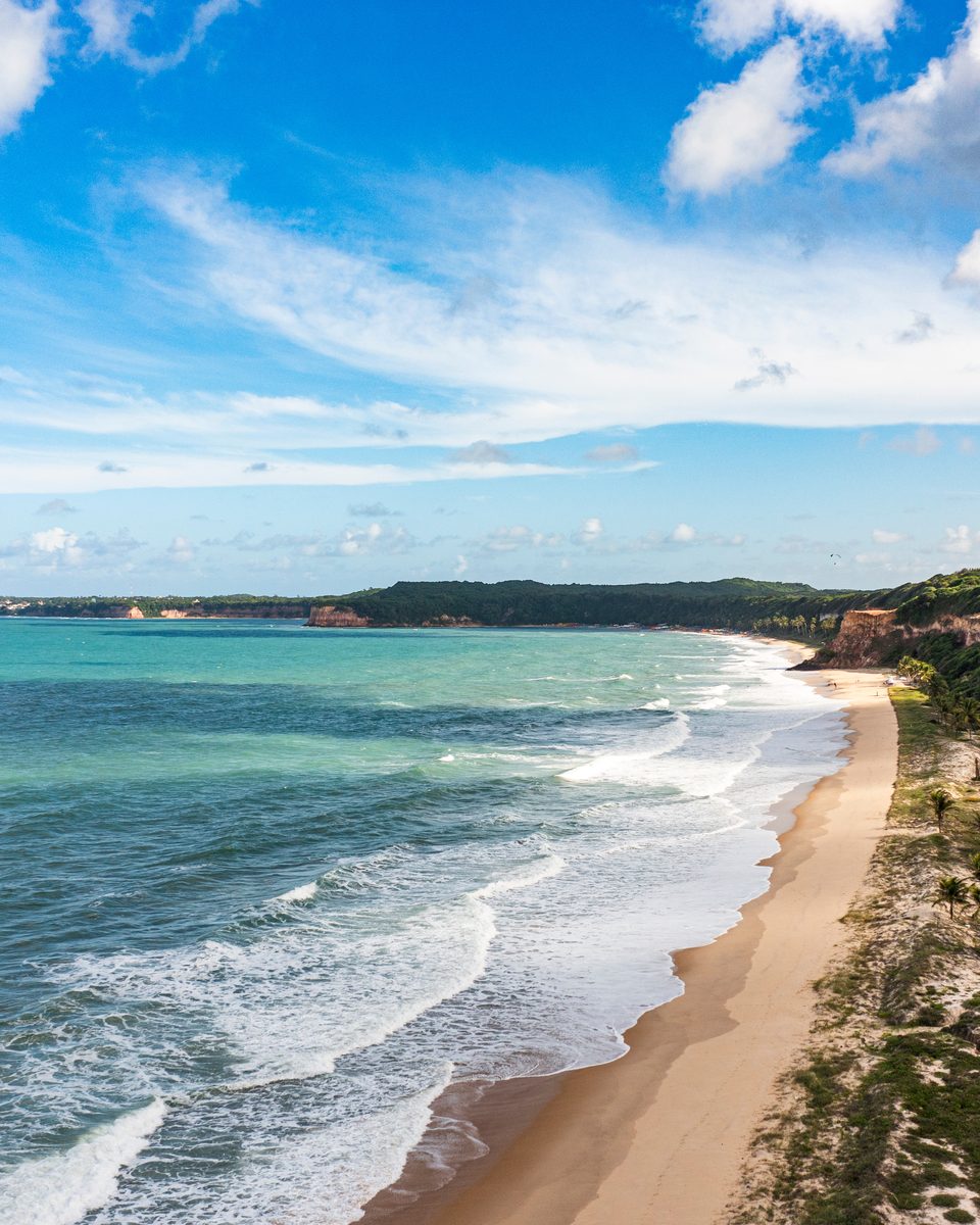 Falésia avermelhada coberta de vegetação sobre a faixa de areia e o mar verde da Praia do Madeiro, em Tibau do Sul