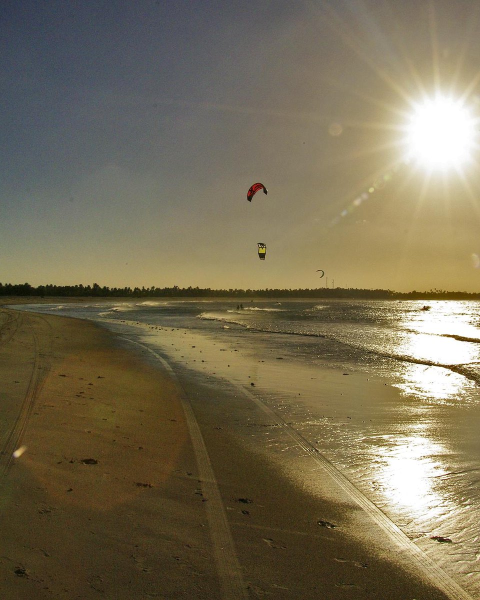 Velas de kitesurf no céu sobre a praia de São Miguel do Gostoso no fim da tarde, com o sol refletindo na areia molhada