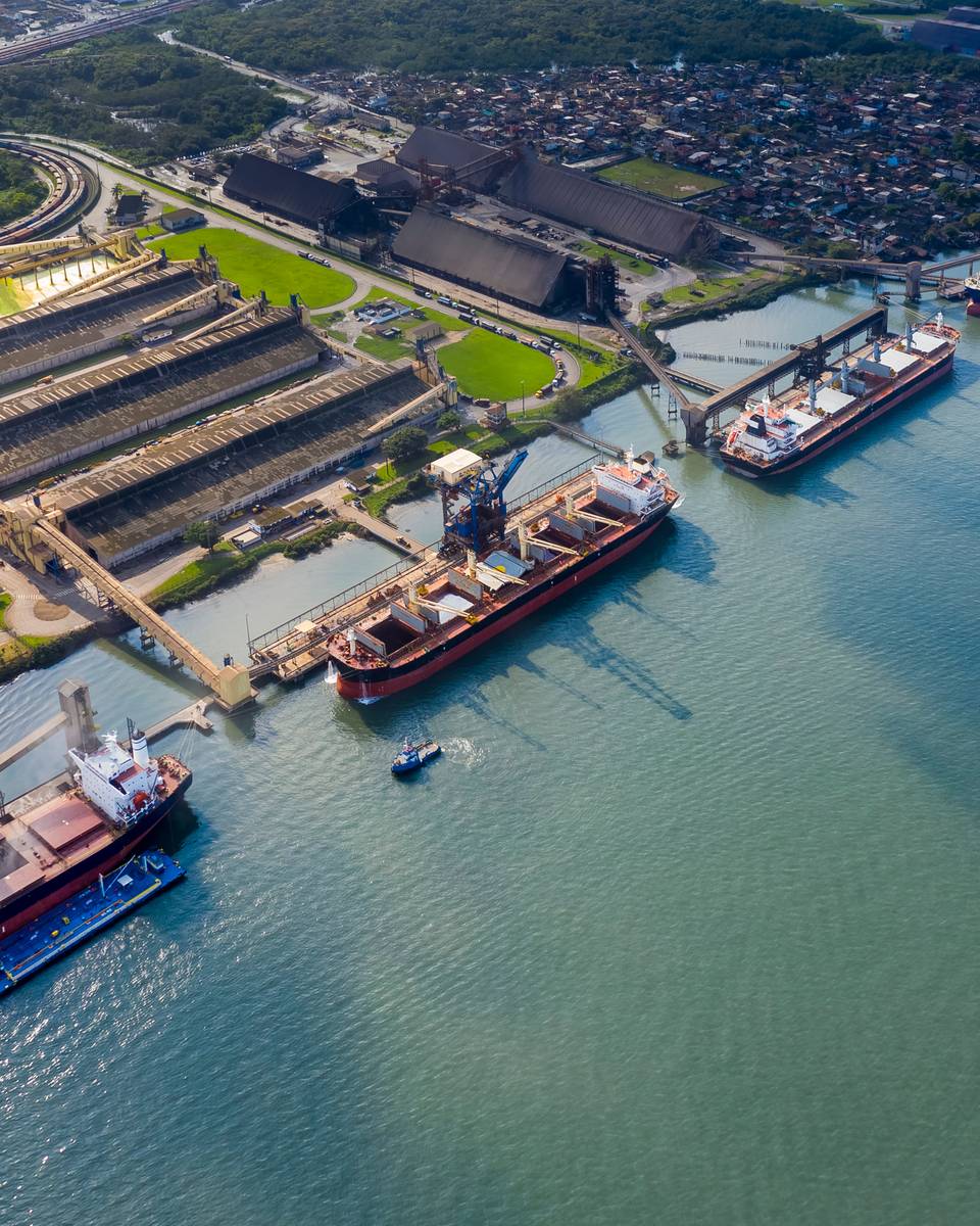 Vista aérea de navios de carga atracados nos terminais do Porto de Santos.