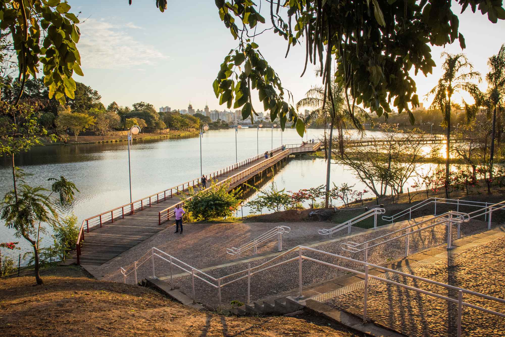 Parque da Represa Municipal de São José do Rio Preto no fim da tarde, com uma pessoa caminhando perto do deque de madeira sobre a água, palmeiras e os prédios da cidade ao fundo.