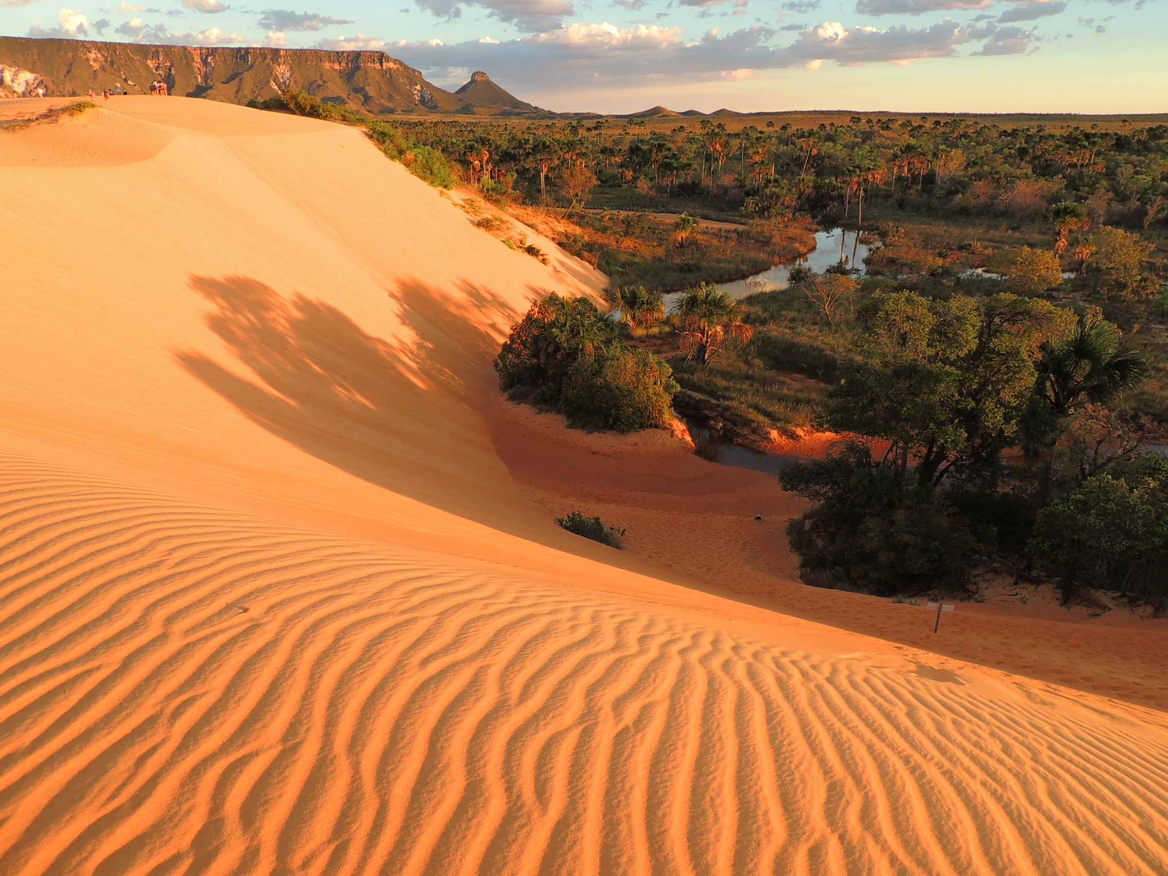 Duna de areia alaranjada do Jalapão ao entardecer, com céu aberto e vegetação de cerrado ao fundo
